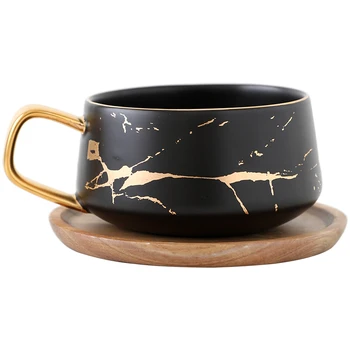 300ml Prabangus matinis keramikos, marmuro arbatos, kavos Puodeliai ir su mediena Lėkštutes juodos ir baltos aukso apdaila keraminiai puodeliai