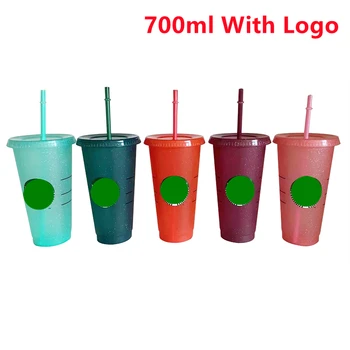 5VNT 700ml Blizgučiai Šiaudų Puodelis Su Logotipu, Su Dangteliu Šalies Plastikinės Stiklinės Spalvos Šaltų Gėrimų Daugkartinio naudojimo Puodelis Kavos Puodeliai