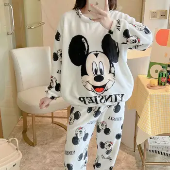 Disney Mickey Mouse Pižama Komplektas tinka moterims, Studentams, Rudenį, Žiemą Šilta Tirštėti Prarasti Sleepwear Nustatyti Koralų Aksomo Namų Drabužiai