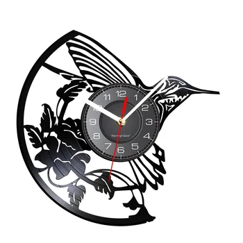 Hummingbird Su Gėlėmis Rankų Darbo Sieninis Laikrodis Medienos Nimfa Vinilo Įrašyti Albumą Namų Dekoro Laikrodžiai Paukščių Modernią Sienos Meno Laikrodis