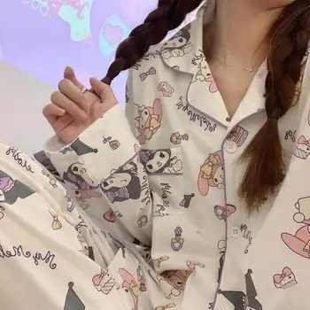 Kawaii Sanrios Pajama Komplektai Animacinių filmų Kuromi Sleepwear Pavasario Rudens Sezono Medvilnės Anime Pižama Moterims Loungewear