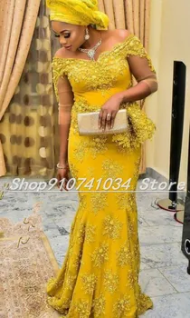 Owambe Šalys Stiliaus Geltonas Vakaro Suknelės su Nėrinių Aplikacijos 2021 Undinė Prom Chalatai Vestuvėms Svečias Dėvėti vestidos formales