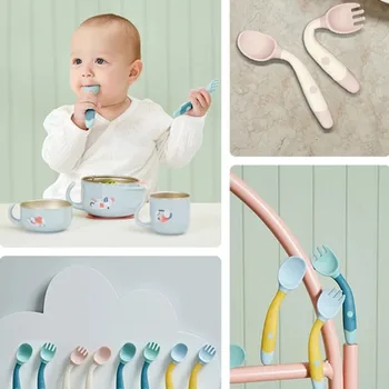 Silikono Šaukštas Šakutė Kūdikių Reikmenų Rinkinį Pagalbiniai Maisto Vaikiška Valgymo Mokymo Kūdikių Stalo Bendable Minkštas Fork