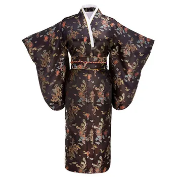 V-kaklo Drabužius Japonijos Moterų Tradicinį Kimono Chalatas Suknelė Spausdinti Gėlių Suknelė Visiškai Rankovės Vakare Šalies Prom Dress