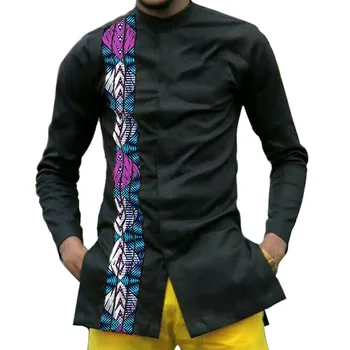 Afrikos Spausdinti vyriški Marškinėliai Mados Spausdinimo Juoda Kratinys Vyrų Dashiki Marškinėliai Stovėti Apykaklės, Ankara Vyrų Drabužiai ilgomis Rankovėmis Viršūnes