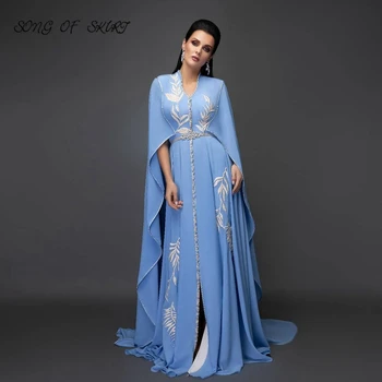 Elegantiškas V-kaklo Dangus Mėlynas Vakaro Suknelės Padalinta Ilgą Musulmonių Moterų ypatinga Proga-Suknelė Maroko Dubajus Kaftan Šalis Suknelės