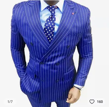 Geriausia Pardavimo Mėlynos Dryžuotos Vyrų Kostiumas Šalis Suknelė Jaunikis Tuxedos Verslo Vyrų Švarkas Office Dėvėti Mens Kostiumai 2vnt (Striukė+Kelnės)