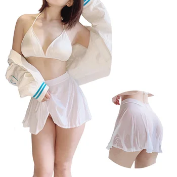 Moteris Seksuali Mini Sijonas Tuščiaviduriai Maudymosi Suknelė Matyti Per Kostiumas Pornstar Cosplay Balta Atviro Šakumo Drabužius Japonija Bikini Trumpikės